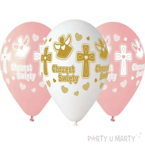 balony chrzest swiety krzyze i anioly bialo rozowy gemar 13 25 szt