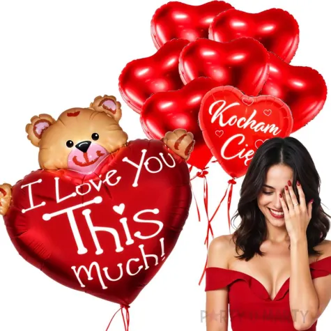 balony foliowe na walentynki zestaw dekoracje walentynkowe serca i mis czerwone 8 szt