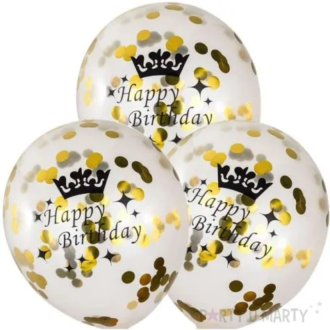 balony happy birthday ze zlotym konfetti transparentne czakos 3 szt