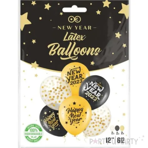 balony happy new year 2023 konfetti czarno zlote partypal 12 6 szt