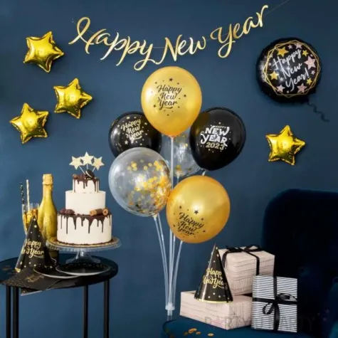 balony happy new year 2023 konfetti czarno zlote partypal 12 6 szt