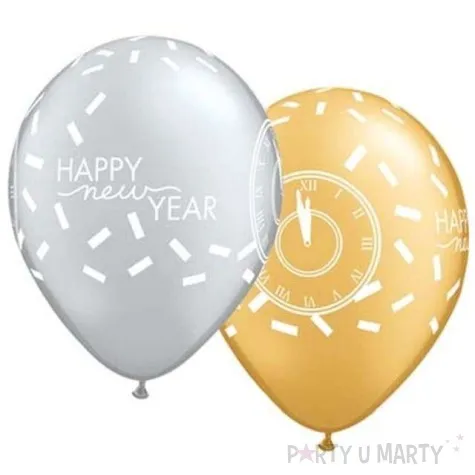 balony happy new year z zegarem zlote srebrne qualatex 11 25 szt