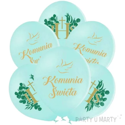 balony komunia swieta golabek i ihs z eukaliptusem mietowy 12 6 szt