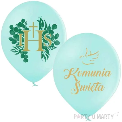balony komunia swieta golabek i ihs z eukaliptusem mietowy 12 6 szt