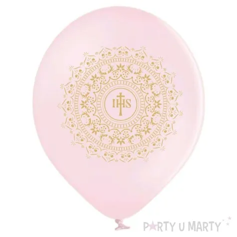 balony komunia swieta ihs w ornamencie rozowy jasny 12 6 szt