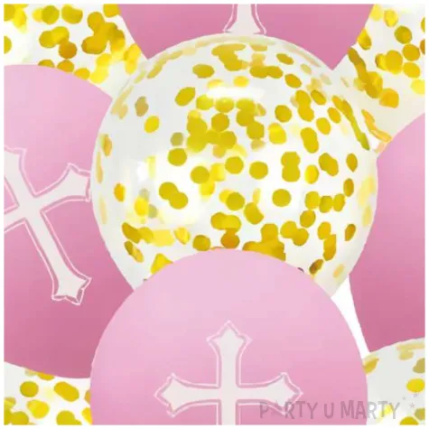 balony komunia swieta krzyze i konfetti rozowy jix 12 10 szt