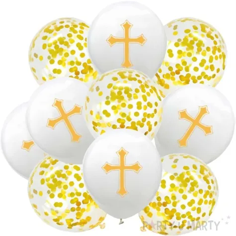 balony komunia swieta krzyze i konfetti zloty jix 12 10 szt