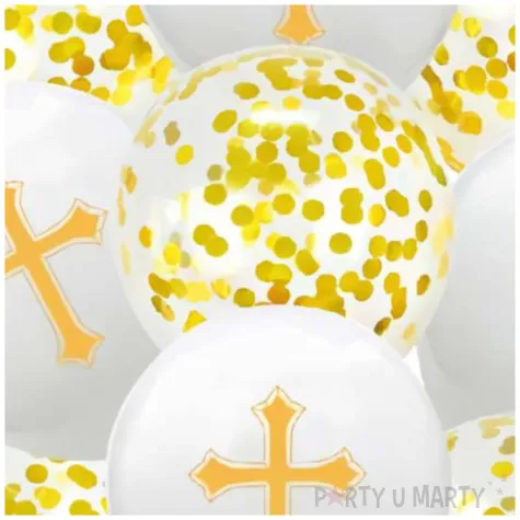 balony komunia swieta krzyze i konfetti zloty jix 12 10 szt