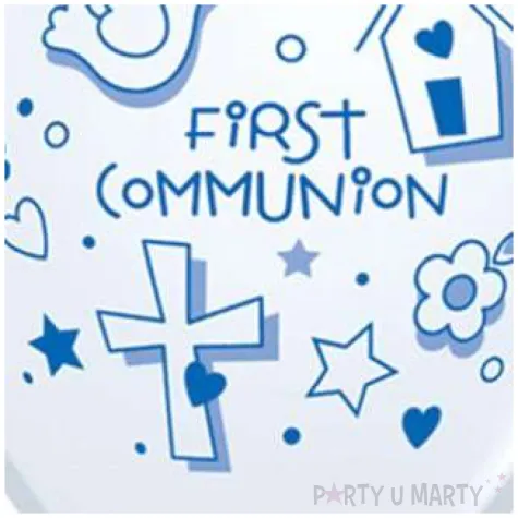 balony komunia symbole bialo niebieskie pastel qualatex 11 25 szt