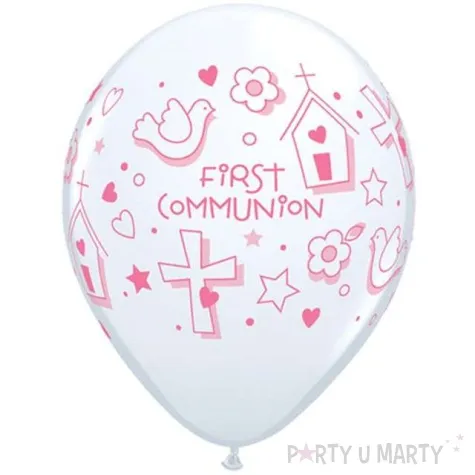 balony komunia symbole bialo rozowe pastel qualatex 11 25 szt