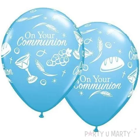 balony komunia symbole niebieskie pastel qualatex 11 25 szt