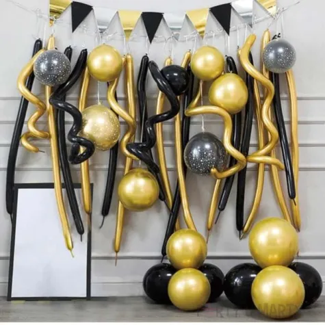 balony zestaw imprezowy i makarony zloto czarny partypal zestaw 34 szt