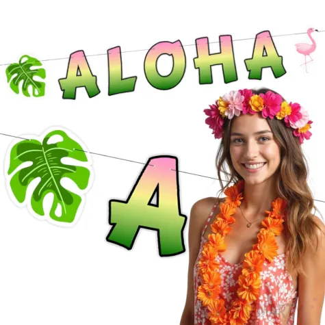 baner aloha z monstera i flamingiem rozowo zielona 1 5 m
