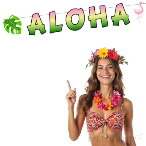 baner aloha z monstera i flamingiem rozowo zielona 1 5 m