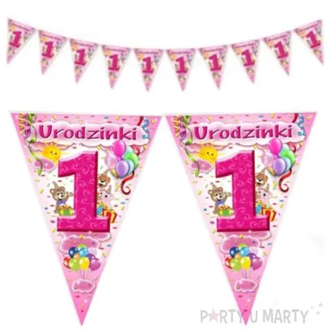 baner flagi 1 urodzinki rozowy dekoracjepolska 200 cm