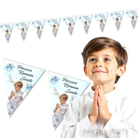 baner flagi girlanda papierowa chlopiec w albie dekoracja na komunie swieta 3 6 m