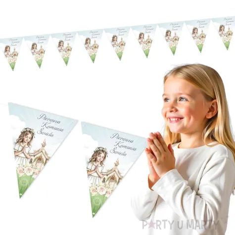 baner flagi girlanda papierowa dziewczynka i kosciol dekoracja na komunie swieta 3 6 m