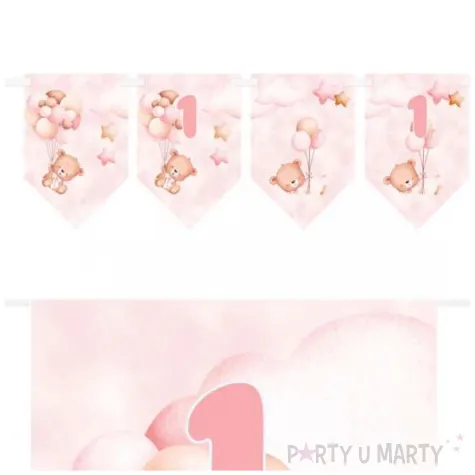 baner flagi misie z balonikami na roczek rozowy jasny congee 5 m