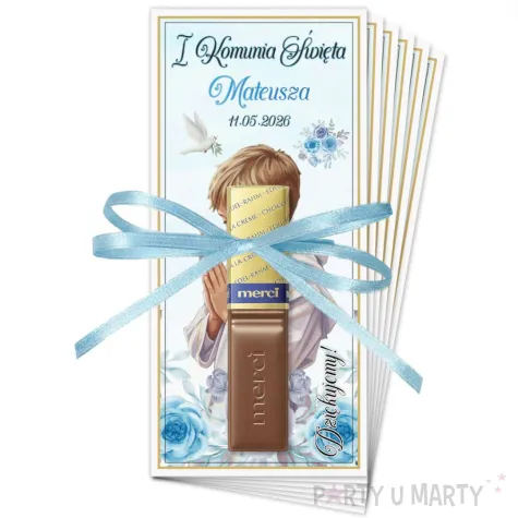 bileciki merci personalizowane podziekowania dla gosci komunia swieta chlopiec w albie x6