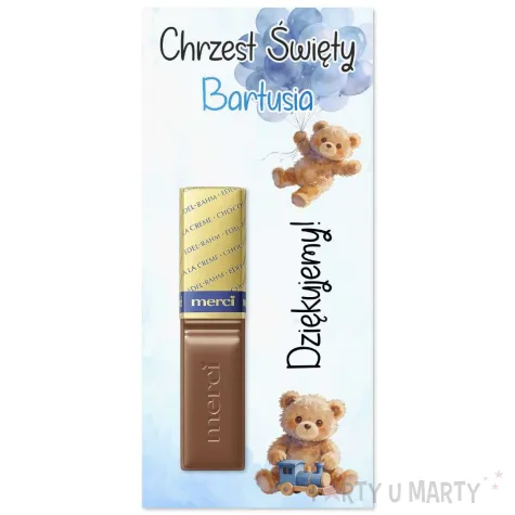 bileciki merci personalizowane podziekowania dla gosci na chrzest swiety chlopca niebieski mis