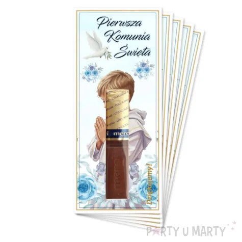 bileciki na czekoladki merci chlopiec w albie podziekowania upominek dla gosci 5 szt