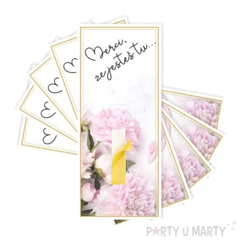 bileciki podziekowania merci ze jestes tu piwonie 6x14 cm 5 szt