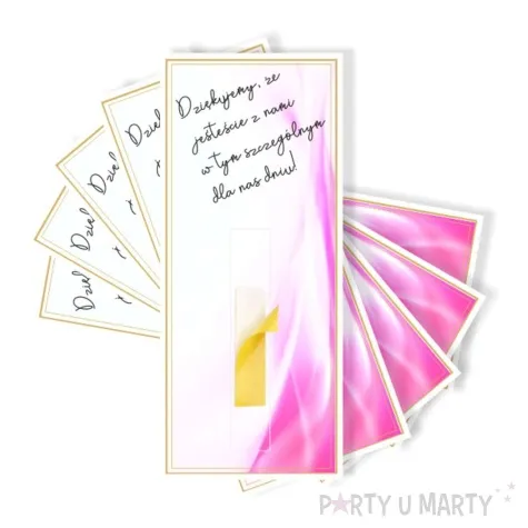 bileciki podziekowania merci ze jestescie z nami rozowe 6x14 cm 5 szt