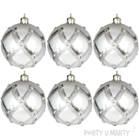 bombki desen z cyrkoniami plastikowe srebrno guirca 6 cm 6 szt