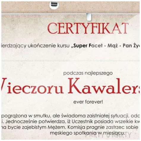 certyfikat foto wieczor kawalerski oryginal antyrama a4