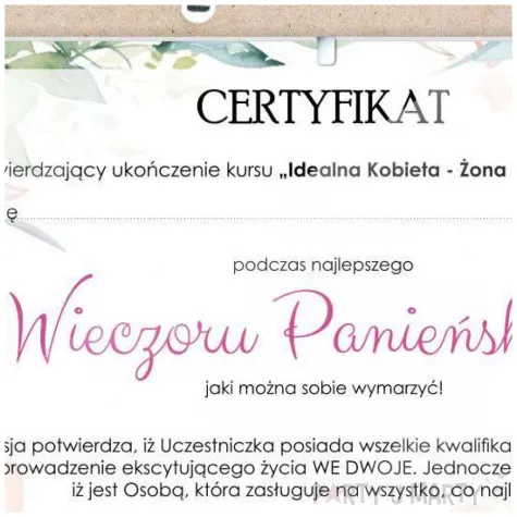 certyfikat foto wieczor panienski akwarelowe kwiaty antyrama a4