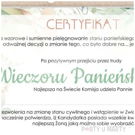 certyfikat foto wieczor panienski delikatne liscie antyrama a4