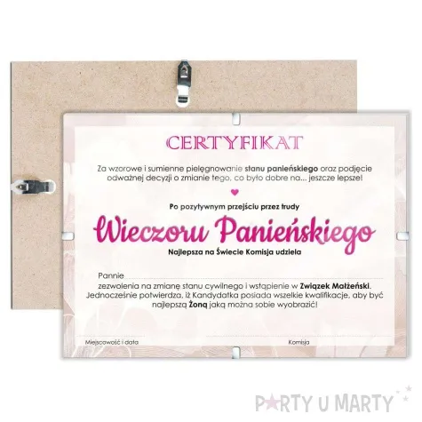 certyfikat foto wieczor panienski rozowy a4