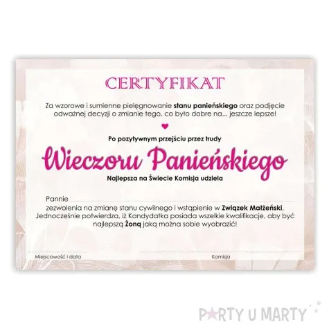 certyfikat foto wieczor panienski rozowy a4