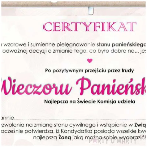 certyfikat foto wieczor panienski rozowy antyrama a4