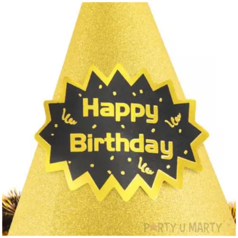 czapeczka urodzinowa happy birthday brokatowa z pomponem i puchem zloty partypal 17 cm