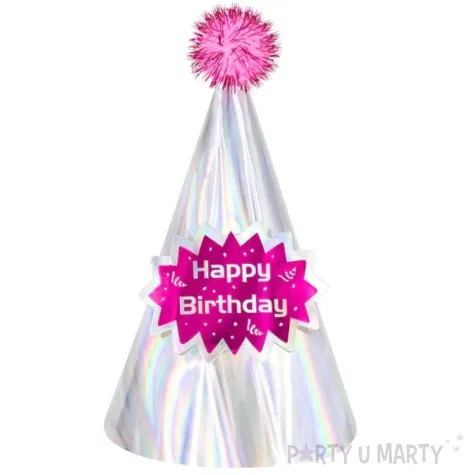 czapeczka urodzinowa happy birthday opalizujaca z pomponem srebrny partypal 17 cm