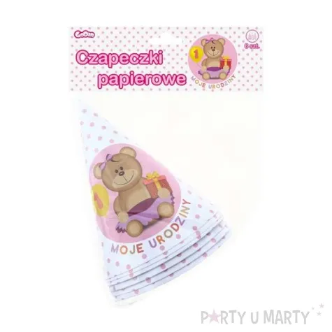 czapeczki papierowe moje 1 urodziny rozowe 6 szt