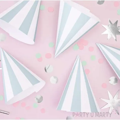 czapeczki papierowe paski niebieski jasny partydeco 16 cm 6 szt