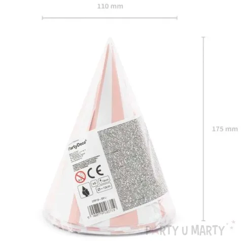 czapeczki papierowe paski rozowy jasny partydeco 16 cm 6 szt