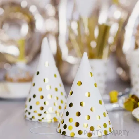 czapeczki papierowe zlote groszki biale kraszek 6 szt