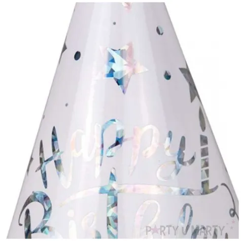 czapeczki urodzinowe happy birthday metallic srebrne czakos 6 szt