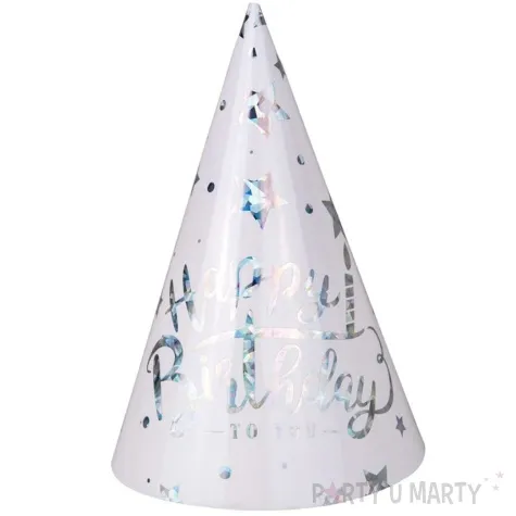 czapeczki urodzinowe happy birthday metallic srebrne czakos 6 szt