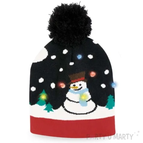 czapka boze narodzenie balwanek na czarnym tle z diodami led fries 24x26 cm