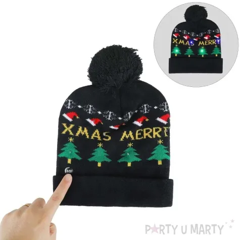 czapka boze narodzenie balwanek na czarnym tle z diodami led fries 24x26 cm