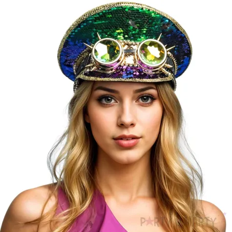 czapka z daszkiem i okularami na karnawal dodatek do stroju steampunk cekiny