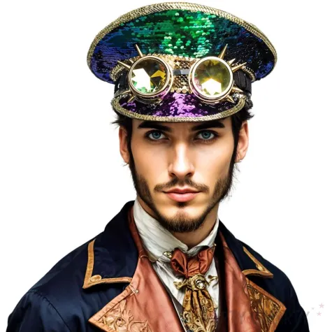 czapka z daszkiem i okularami na karnawal dodatek do stroju steampunk cekiny