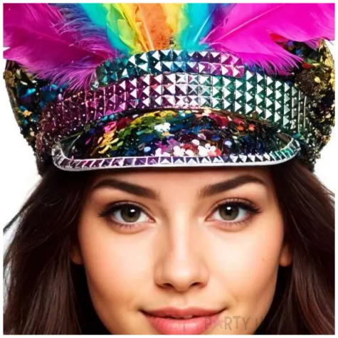 czapka z daszkiem i piorami na karnawal dodatek do stroju
