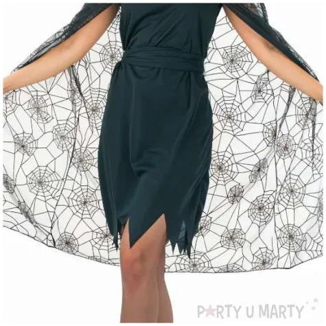 czarna peleryna z kapturem i pajeczyna dodatek do stroju na halloween i karnawal