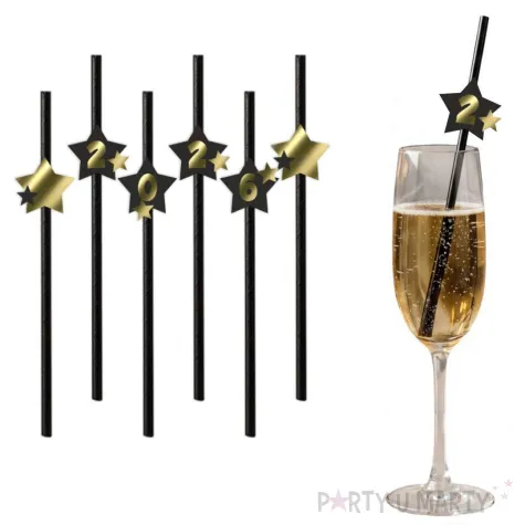 dekoracja do napojow na sylwestra slomki papierowe nowy rok z gwiazdami 2026 czarne 6 szt