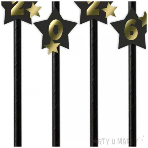 dekoracja do napojow na sylwestra slomki papierowe nowy rok z gwiazdami 2026 czarne 6 szt